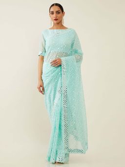 Soch - Blue Organza Embroidered Saree with Unstitched Blouse