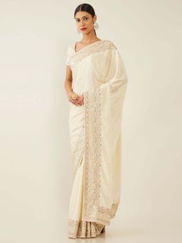 Soch - Beige Poly Crepe Embellished Saree with Unstitched Blouse