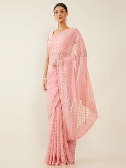Soch - Pink Poly Chiffon Embroidered Saree with Unstitched Blouse