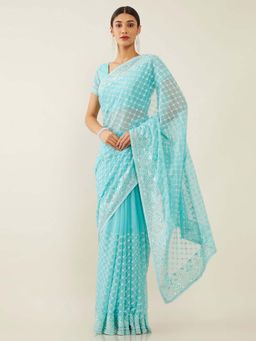 Soch - Blue Poly Chiffon Embroidered Saree with Unstitched Blouse