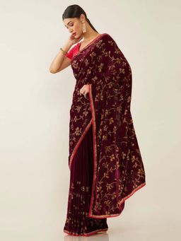 Soch - Red Velvet Embellished Saree with Unstitched Blouse
