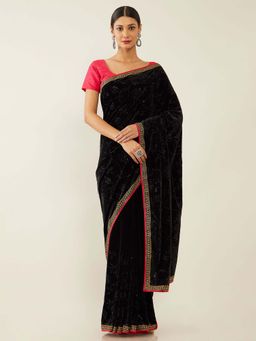 Soch - Black Velvet Embroidered Saree with Unstitched Blouse