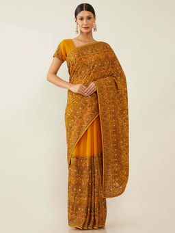 Soch - Mustard Poly Georgette Embroidered Saree with Unstitched Blouse