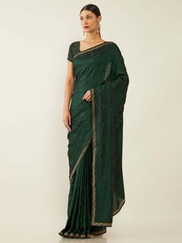 Soch - Green Art Silk Tussar Embellished Saree with Unstitched Blouse