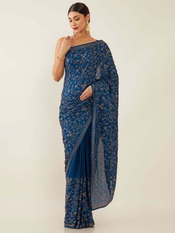 Soch - Blue Poly Crepe Embellished Saree with Unstitched Blouse