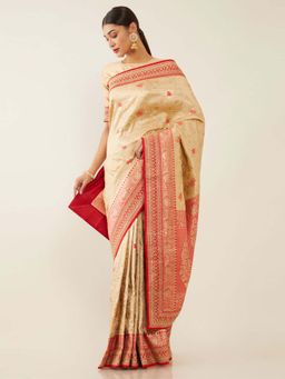 Soch - Beige Art Silk Tussar Woven Design Saree with Unstitched Blouse