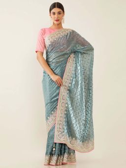 Soch - Grey Organza Woven Design Saree with Unstitched Blouse