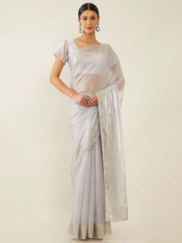 Soch - Grey Organza Embellished Saree with Unstitched Blouse
