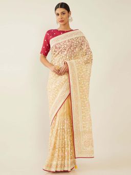 Soch - Beige Organza Embroidered Saree with Unstitched Blouse