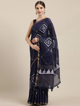 Soch - Navy Blue Cotton Blend Printed Saree with Unstitched Blouse