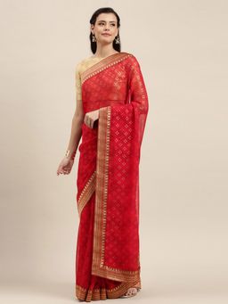 Soch - Red Printed Saree with Unstitched Blouse Piece