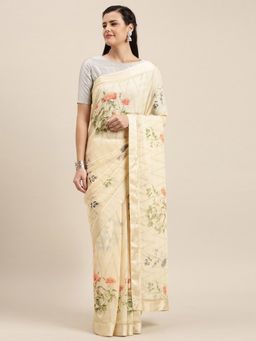 Soch - Cream Printed Saree with Unstitched Blouse Piece