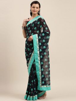 Soch - Navy Blue Printed Saree with Unstitched Blouse Piece