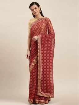Soch - Maroon Printed Saree with Unstitched Blouse Piece