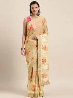 Soch - Beige Printed Saree with Unstitched Blouse Piece