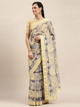 Soch - Grey Printed Saree with Unstitched Blouse Piece