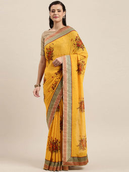 Soch - Mustard Printed Saree with Unstitched Blouse Piece