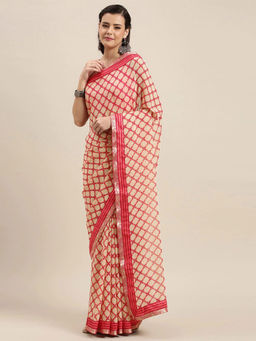 Soch - Beige Printed Saree with Unstitched Blouse Piece