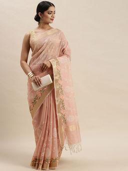 Soch - Peach Handloom Sarees with Unstitched Blouse