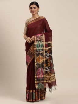 Soch - Maroon Chanderi Cotton Printed Saree with Unstitched Blouse