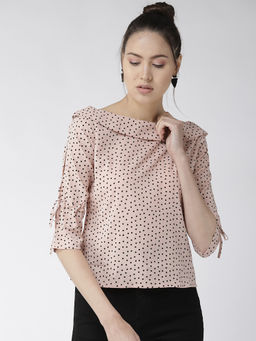 Style Quotient - women Peach and White polka printed polycrepe smart casual top