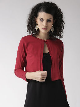 Style Quotient - Women Maroon Solid Crop Button Shrug