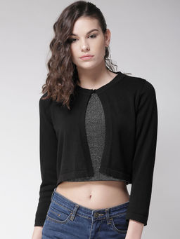 Style Quotient - Women Solid Black Cotton Smart Casual Crop Shrug