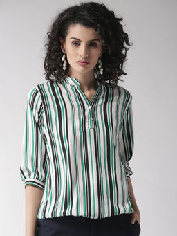 Style Quotient - Women White And Green Striped Blouson Top