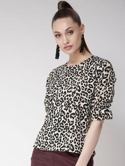 Style Quotient - Women Beige And Black Animal Printed Polyester Smart Casual Top