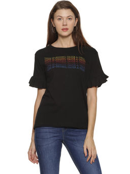 PINACOLADA - Women Casual Half Sleeve Printed Black Top