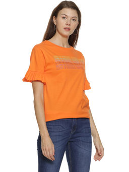 PINACOLADA - Women Casual Half Sleeve Printed Orange Top
