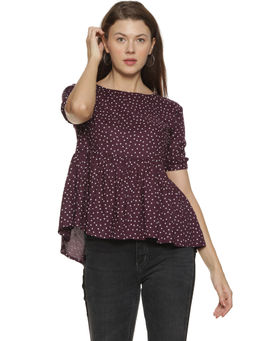 PINACOLADA - Women Casual Half Sleeve Polka Print Brown Top