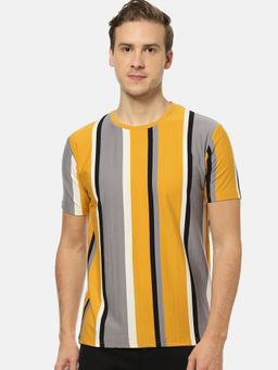Campus Sutra - Men Striped Round Neck Yellow T-Shirt