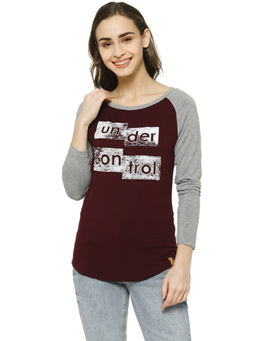 Campus Sutra - Women Printed Round Neck Maroon T-Shirt