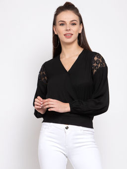 Style Quotient - Womens Black Puff Sleeves Crepe Wrap Top