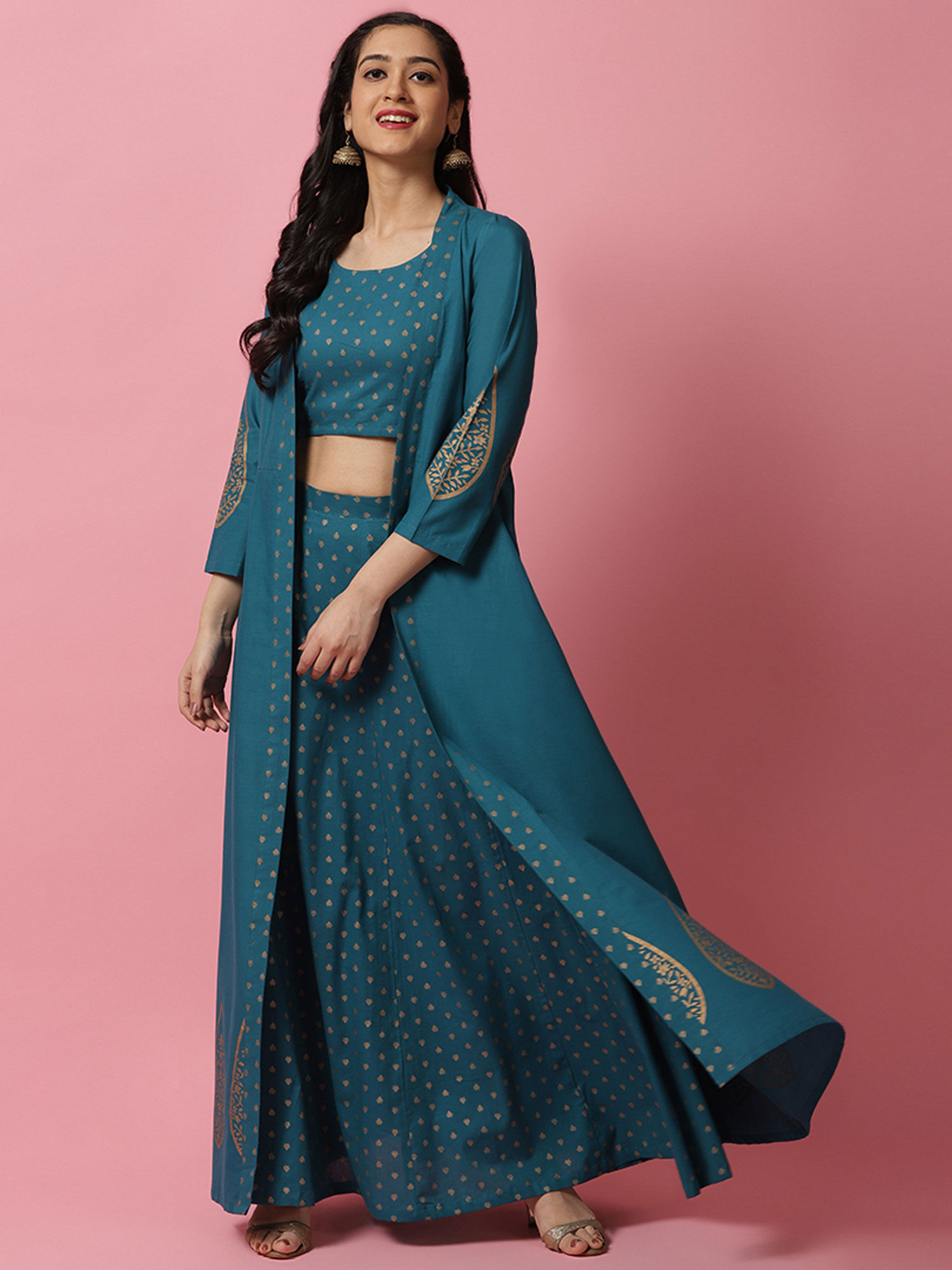 rivaaj clothing lehengas buy rivaaj clothing teal crop top with skirt jacket set of 3 online nykaa fashion rivaaj clothing teal crop top with skirt jacket set of 3