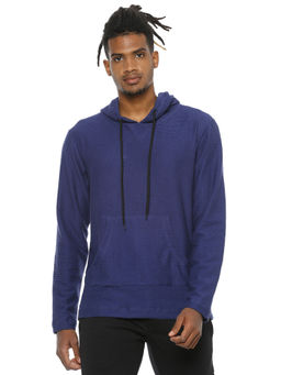 Campus Sutra - Men Full Sleeve Navy Blue Solid Hooded Sweatshirt