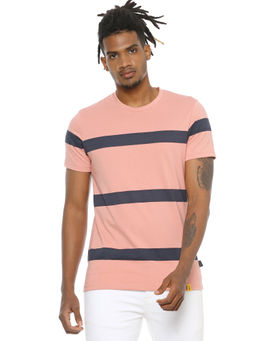 Campus Sutra - Men Short Sleeve Striped Onion Colour Casual T-Shirt