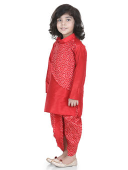 BownBee - Boys Double Panel Bandhani Silk Blend Dhoti Kurta-Red (Set of 2)