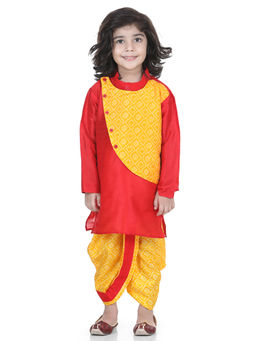 BownBee - Boys Double Panel Bandhani Silk Blend Dhoti Kurta-Yellow (Set of 2)