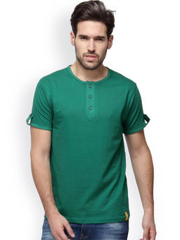 Campus Sutra - Men Solid Henley Neck Green T-Shirt