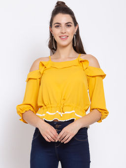 Style Quotient - Women Yellow Cold-shoulder Sleeves Crepe Blouson Crop Top