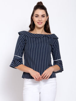 Style Quotient - Navy Blue And White Striped Bell Sleeves Crepe Regular Top