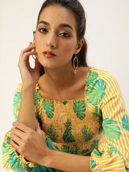 Style Quotient - Bright Yellow And Green Striped Smocked Crop Top