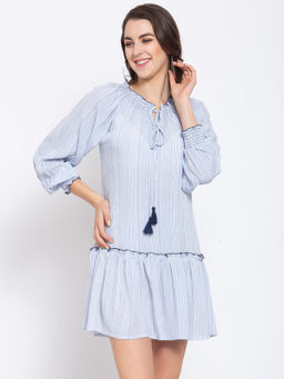 Style Quotient - Blue Striped Tie-up Neck Crepe Drop-waist Dress