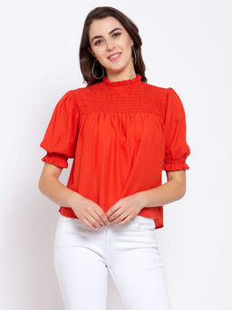 Style Quotient - Women Orange Puff Sleeves Crepe Regular Top