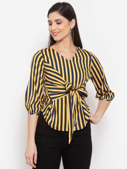 Style Quotient - Yellow Striped Puff Sleeve Crepe Cinched Waist Top