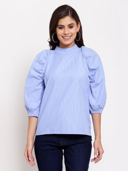 Style Quotient - Blue Striped Puff Sleeve Top