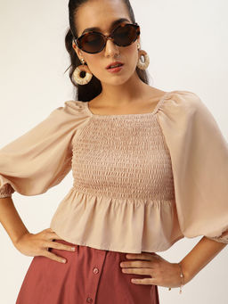 Style Quotient - Classic Nude Solid Smocked Crop Top
