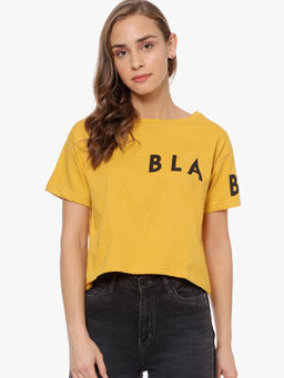 PINACOLADA - Women Graphic Print Solid Round Neck Yellow T-Shirt